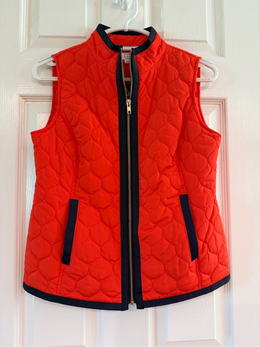 crown & ivy Quilted Orange-Red Vest with Navy Trim